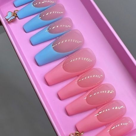 24pcs Glitter Pink Blue False Nail Suqare Medium Press on Nails for Nail  Art | eBay